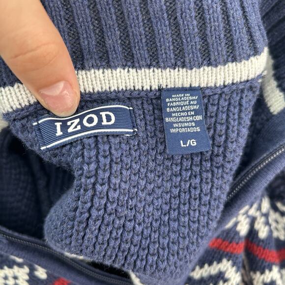 IZOD Sweater Men L‎ Quarter Zip Fair Isle Nordic Winter Pullover Ski Navy Chunky - Picture 6 of 10